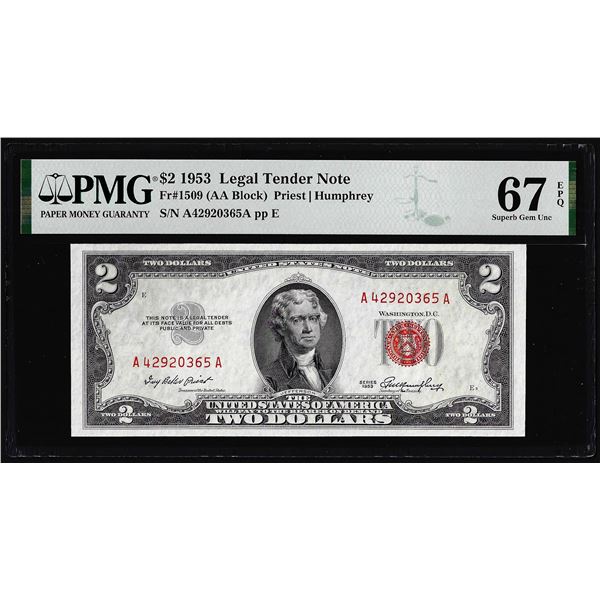 1953 $2 Legal Tender Note Fr.1509 PMG Superb Gem Uncirculated 67EPQ