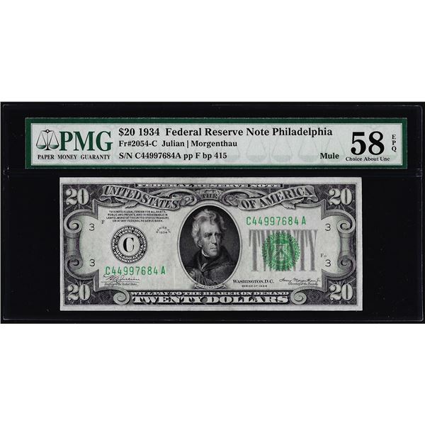 1934 $20 Federal Reserve Note Philadelphia Fr.2054-C Mule PMG Choice About Unc 58EPQ