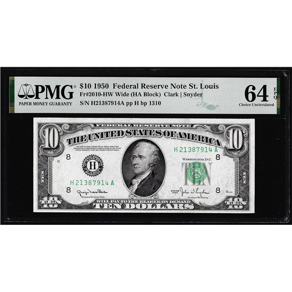 1950 $10 Federal Reserve Note St. Louis Fr.2010-HW PMG Choice Uncirculated 64EPQ