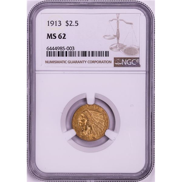 1913 $2 1/2 Indian Head Quarter Eagle Gold Coin NGC MS62