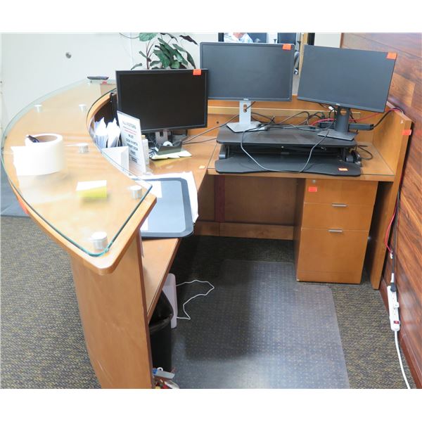 Curved Wooden Reception Desk 80"x76"x43"H w/ File Drawers & Dell Monitors