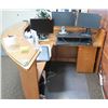 Image 1 : Curved Wooden Reception Desk 80"x76"x43"H w/ File Drawers & Dell Monitors