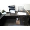 Image 2 : Wooden 'L' Shaped Desk 66"x76" w/ Haworth Chair, File Drawers & Contents (Stand not included)