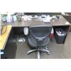 Image 1 : Wooden  Desk 66"x24"x29"H w/ Rolling Chair & Trash Can (Contents/Electronics not included)