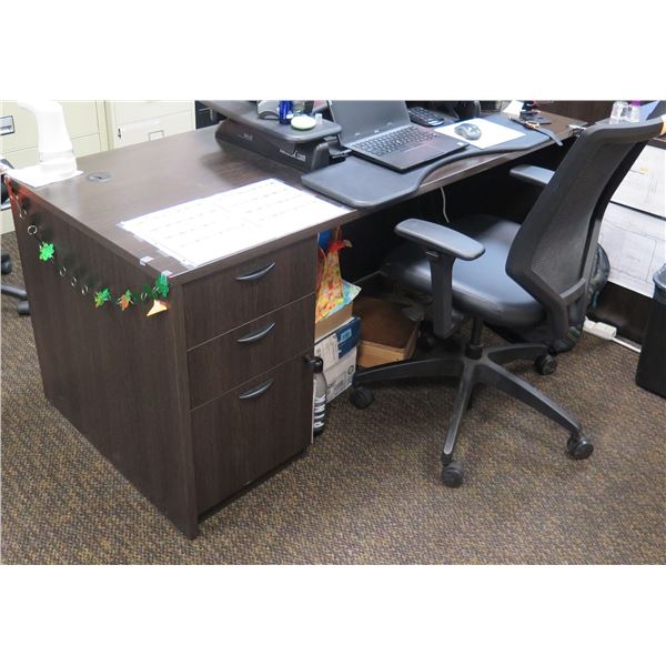 Wooden  Desk 66"x30"x29"H w/ Rolling Chair & File Drawers (Contents/Electronics not included)