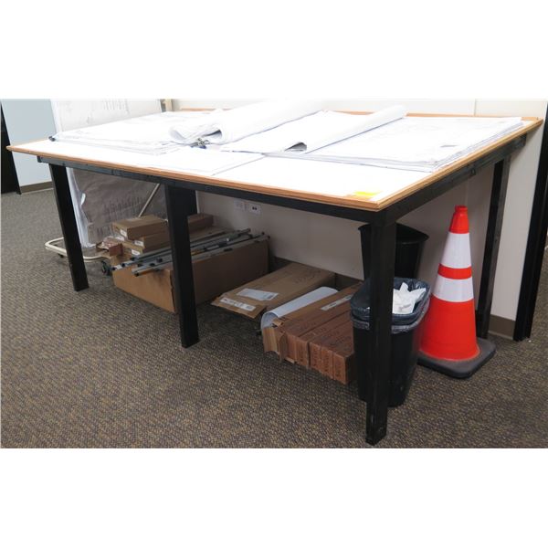 Long Wooden Table 97"x47"x41"H w/ White Top (Contents not included)