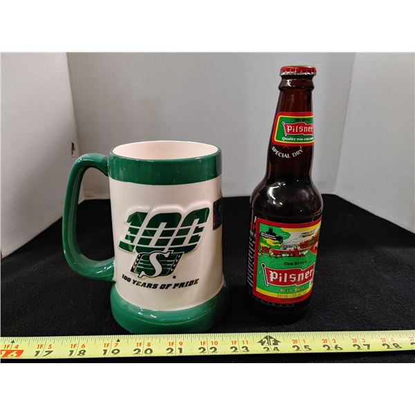 Roughriders 100 Year Beer Mug and Double Labeled Pilsner Bottle