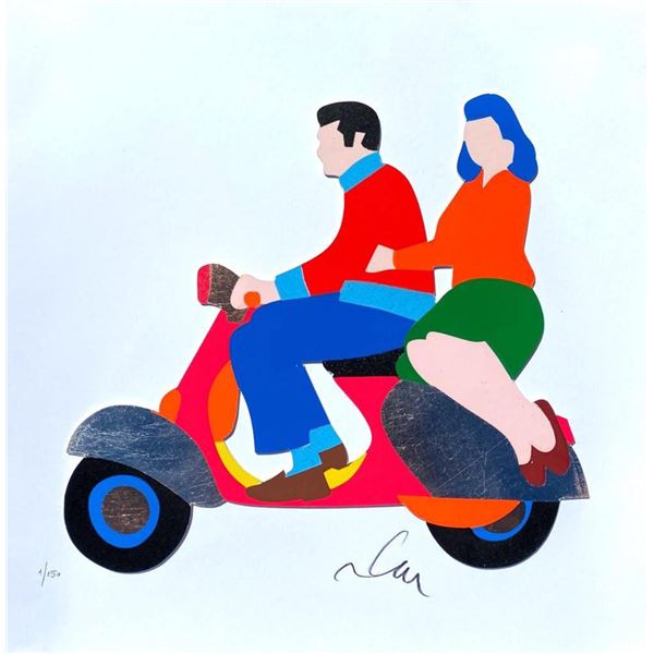 Marco Lodola- Original Serigraph on Paper with golden leaf "LOVE IN VESPA"