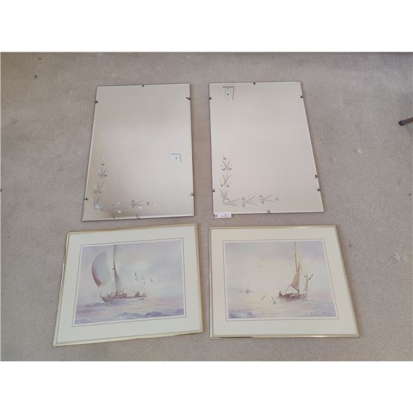 Matching Decorative Mirrors x2 (28"h x 18"w) & Sailing Ships Prints x2 (20'w x 16"h)