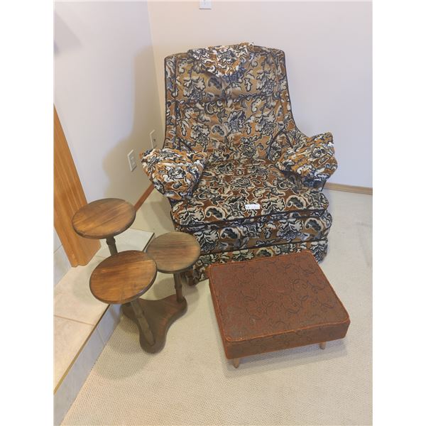 Vintage Floral Pattern Chair with Ottoman & Plant Stand