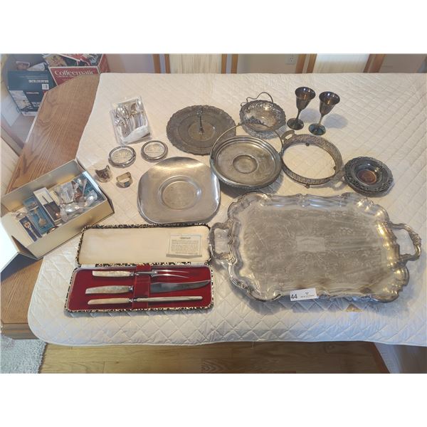 Silver Plated Serving Platter, Napkin Rings, Goblets, Trays & Carving Set