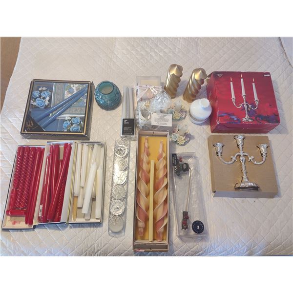 Various Candles, Silver Plated Candelabra & Candle Snuffer