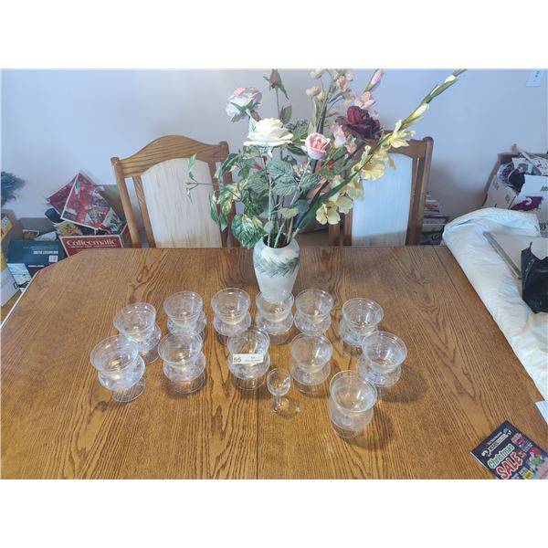 Vintage Shrimp Cocktail Glasses x12 with Artificial Flower Arrangement & Vase