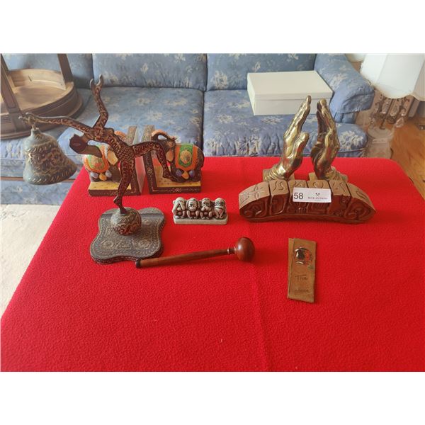 Ornate Bell with Mallet - Prayer Bookends - Elephant Bookends - Exotic Decor