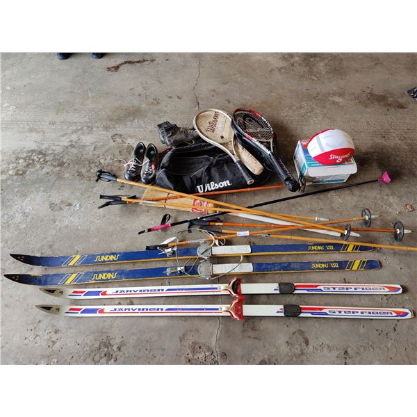 Sundins & Jarvinen Vintage Cross Country Skis with Poles - Curling Broom & Curling Shoes Size 10