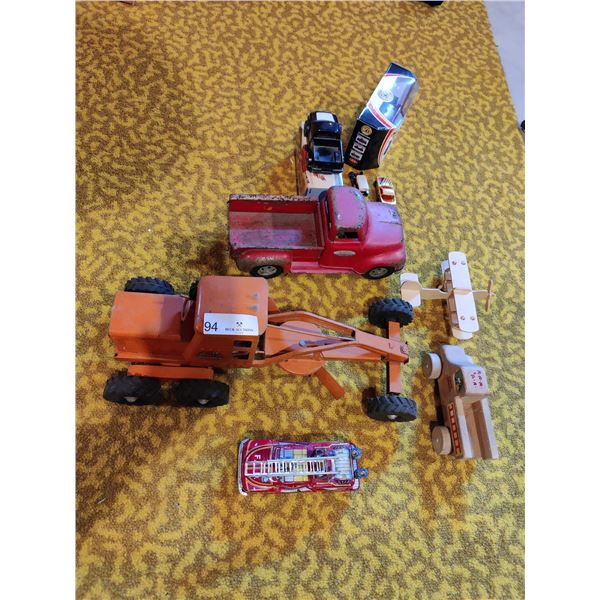 Vintage Toy Cars, Tractor, Wooden Airplane & Fire Truck