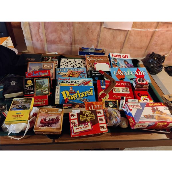 Vintage Board Games - Parcheesi - Monorail - Hats Off - Jigsaw Puzzles - Trivial Pursuit - Cavalcade