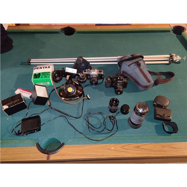 Pentax SLR Cameras x2 with 5 Lenses, Tripod & Empty Bottle of Whiskey Phone