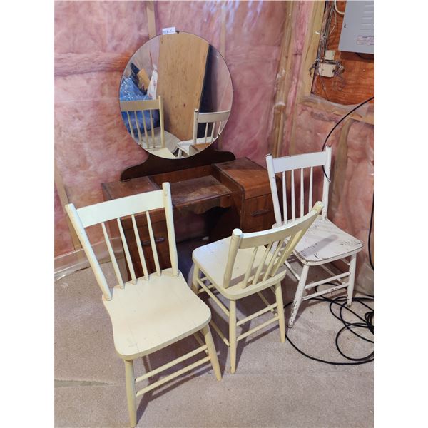 Makeup Desk (39"w x 17"d x 25"h) with Round Mirror 54"h & 3 White Wooden Chairs