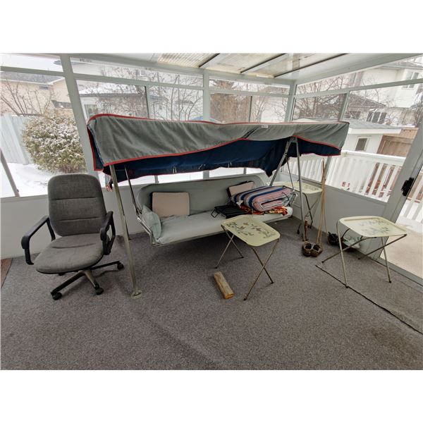 Canopy Porch Swing with Computer Chair & 3 Vintage TV Trays
