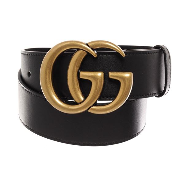Gucci Black Leather Gold Wide Double GG Logo Belt 70