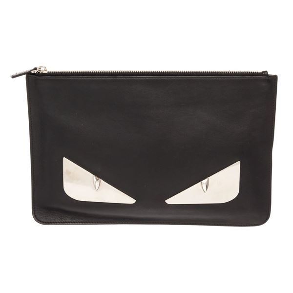 Fendi Black White Calfskin Leather Monster Clutch