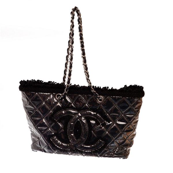 Chanel Black Quilted Vinyl Tweet Large Shopping Tote Bag
