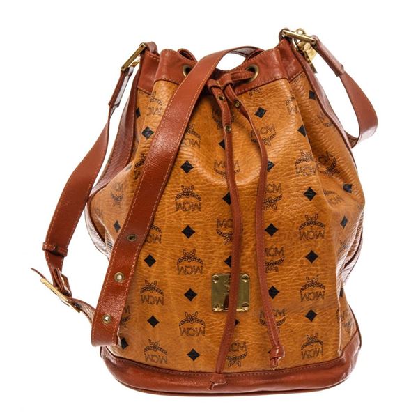 MCM Brown Visetos Leather Drawstring Bucket Bag