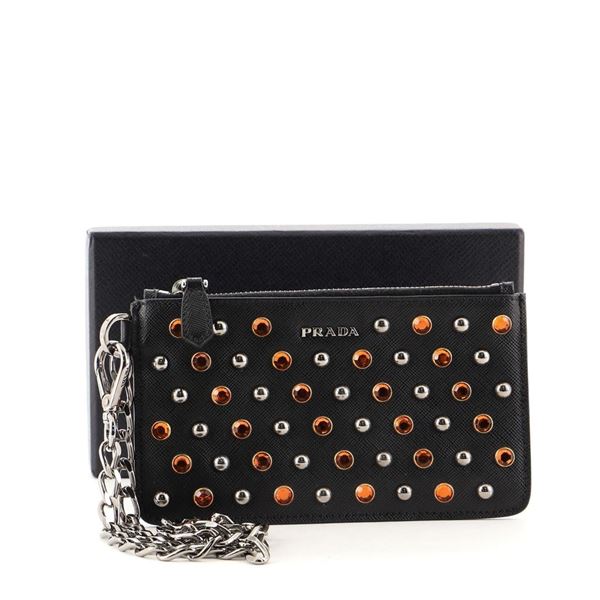 Prada Chain Zip Pouch Embellished Saffiano Leather Black