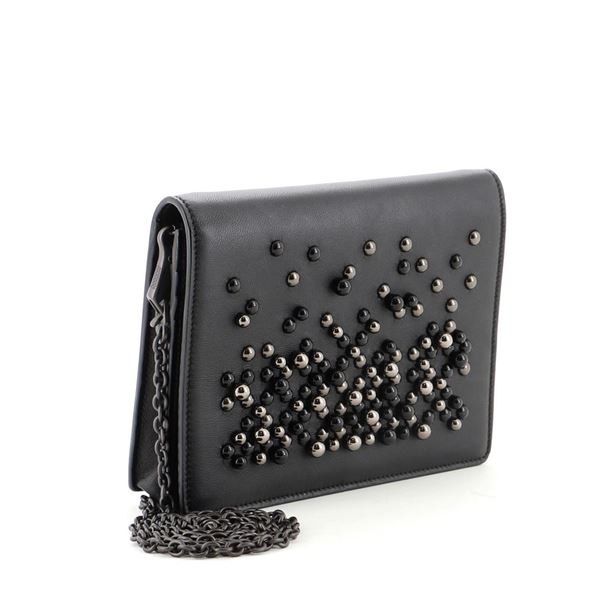 Bottega Veneta Wallet on Chain Pearl Embellished Leather Black