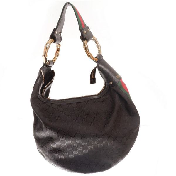 Gucci Black GG Canvas Vintage Web Bamboo Hobo Bag