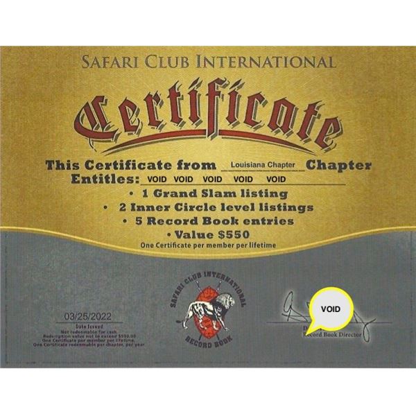 Safari Club International Record Book Certificate