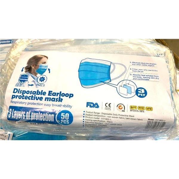 Razor 3 Ply BFE95% ear loop face masks CASE LOT of 2500 packaged (50 /pack x 50 unit/case)