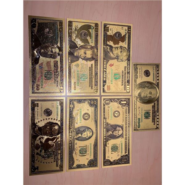 Complete Set of USA Gold Foil Commemorative Issued Certificate Bills includes $1, $2, $5, $10, $20,