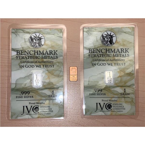 NEW Lot of 2- Benchmark Strategic Metals .999 Pure Silver 1 Grain Wafer Bars and 1 Gram Copper Bar