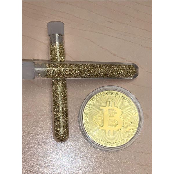 Lot of 2 Large Vial of Golden Flaking material AND one NEW cases BITCOIN medallion Coin