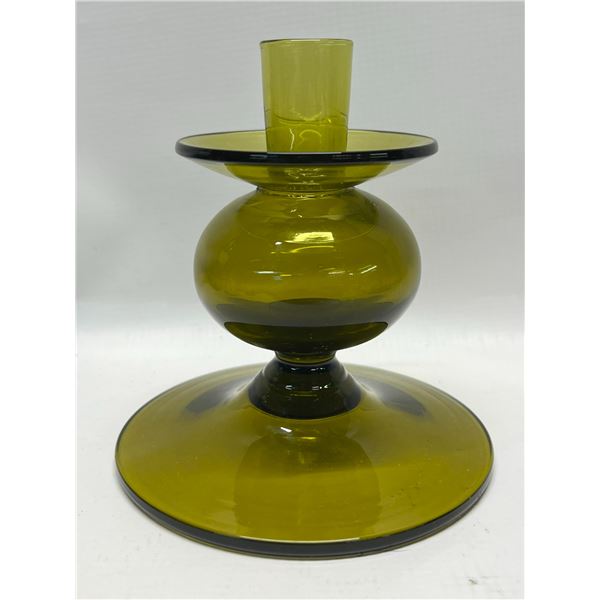 Mid Century Dark Green Art Glass Candle Holder Unmarked 5"W 5.5"T