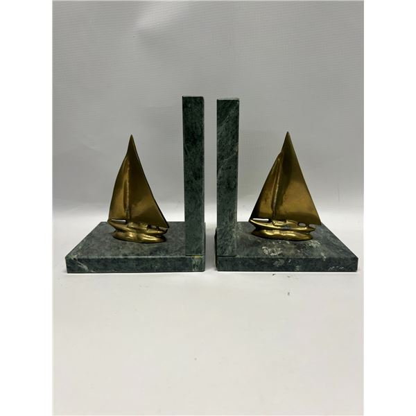 Brass Sailboats On Marble Book Ends Approx: 5x4" & 6"T