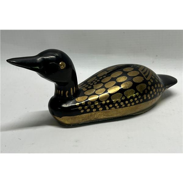 Painted Metal Brass? Duck / Bird Coin Bank Approx: 6"W 2.5"T