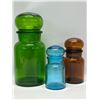 Image 1 : 3 Mid Century Colored Glass Storage Jars w/Lids Belgium