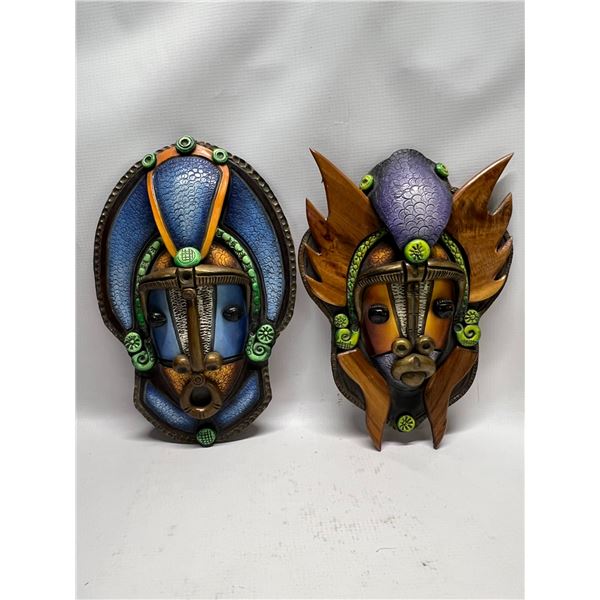 2 Unique Ceramic/Wood Painted Masks Approx: 11x7.5"