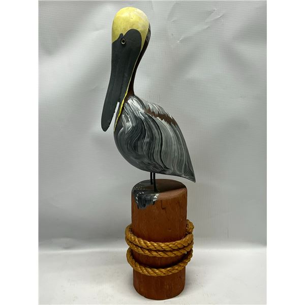 Wood Painted Bird Pelican on Log w/Rope Approx: 17.25"T 5.5"W