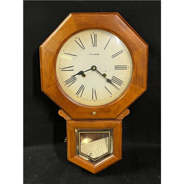 Spirit Key Wind Wall Clock w/pendulum & Key Approx: 21.75x14x4.25"