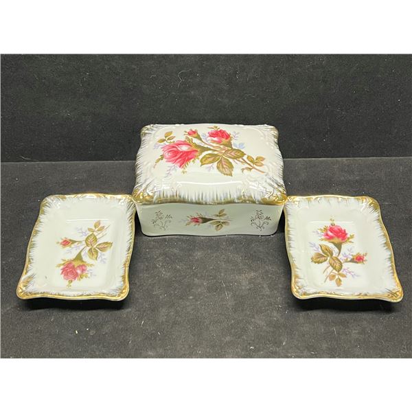 Vintage Shafford Handpainted Trinket / Jewelry Box & 2 Pin Dishes