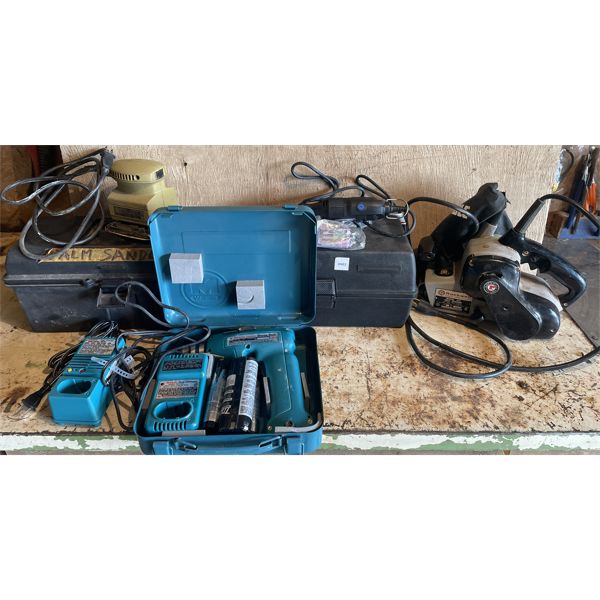 LOT OF 4 - POWER TOOLS - INCL DREMEL, BELT SANDER, LONG SANDER, AND EARLY MAKITA BATTERY DRILL