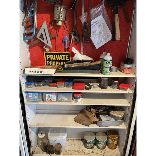 CONTENTS OF SHELF - INCL DRILL BITS, TOOLS AND HARDWARE