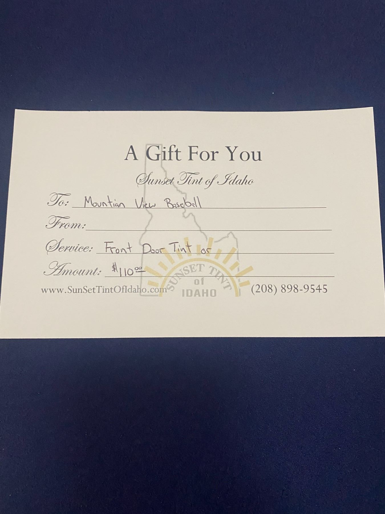 Window Tinting Gift Certificate Baker Auction