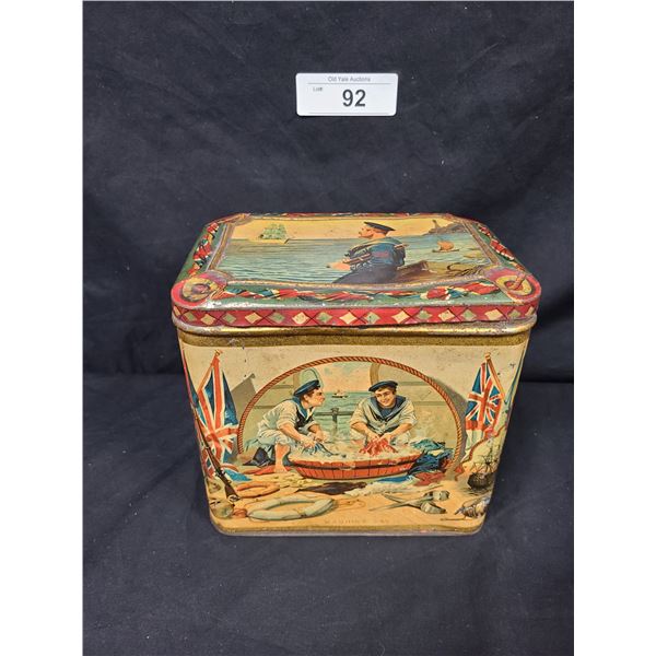 LARGE RARE EARLY LITHOGRAPHED NAVAL THEMED MUSTARD TIN W/PAPER LABEL