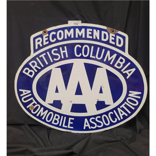 EARLY DOUBLE SIDED PORCELAIN BRITISH COLUMBIA AUTOMOBILE ASSOCIATION SIGN