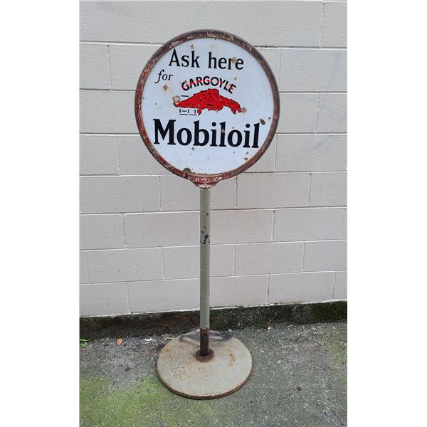 HARD TO FIND 1920'S MOBILOIL GARGOYLE DOUBLE SIDED PORCELAIN CURB SIGN W/ORIGINAL BASE, NO SHIPPING